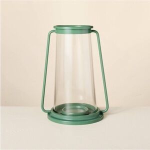 Hearth & Hand Large Pillar Glass & Metal Hurricane Candle Lantern Dark Green NWT
